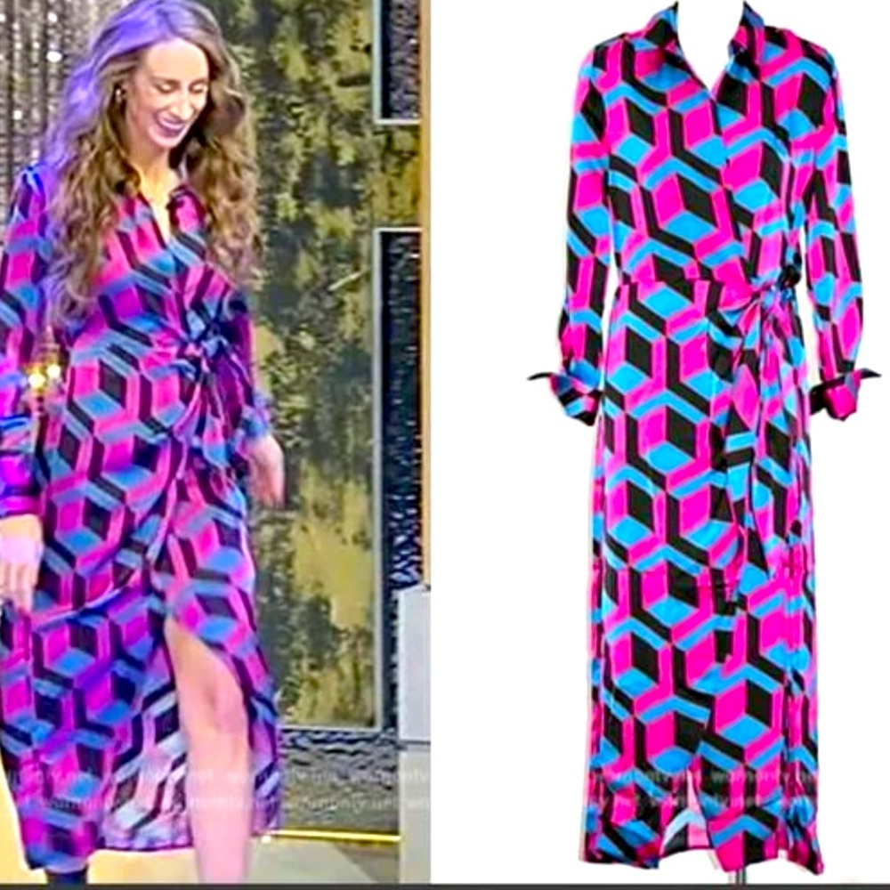House of Harlow Satin Wrap Maxi Dress Geometric Print Long Sleeve Size large